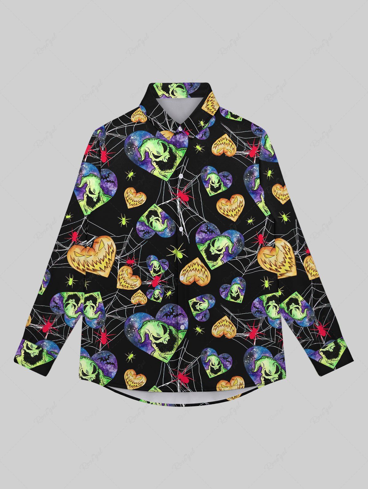 New Gothic Spider Web Monster Heart Bat Galaxy Print Valentines Buttons Shirt For Men  