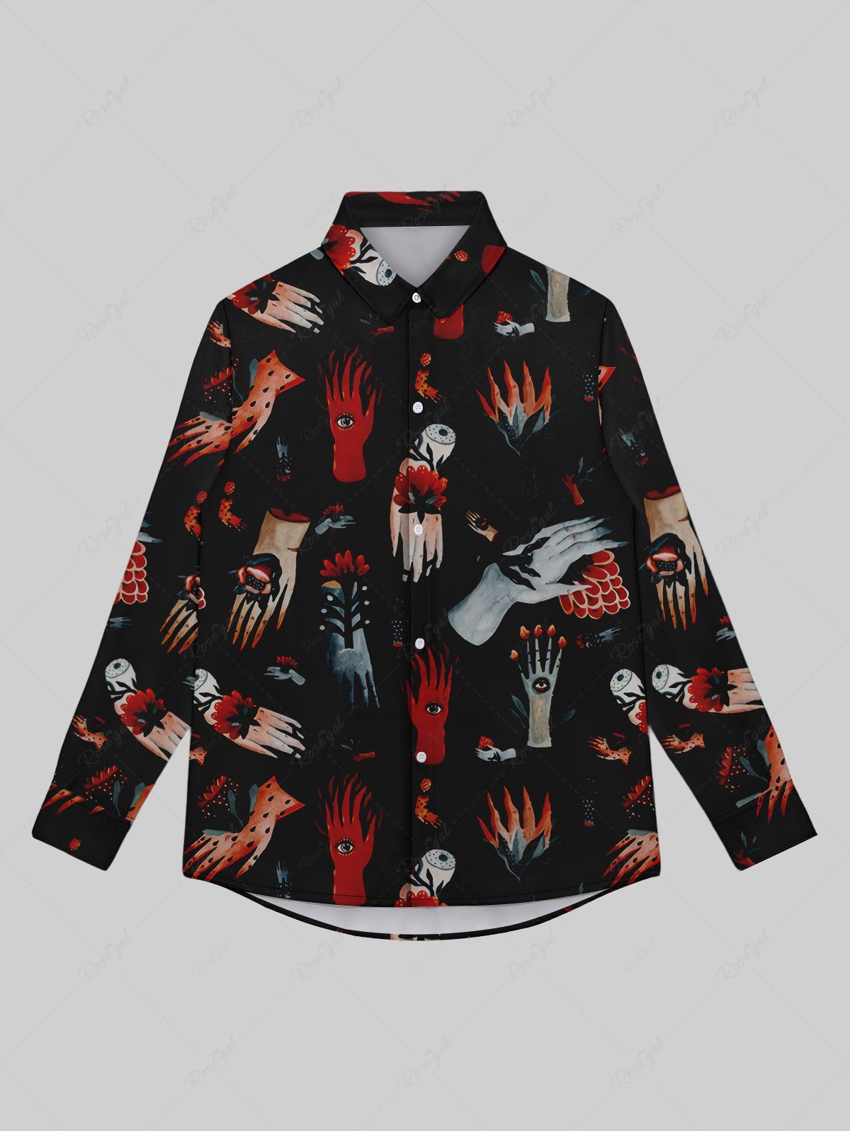 Unique Gothic Turn-down Collar Skeleton Bloody Hand Floral Eye Print Buttons Shirt For Men  