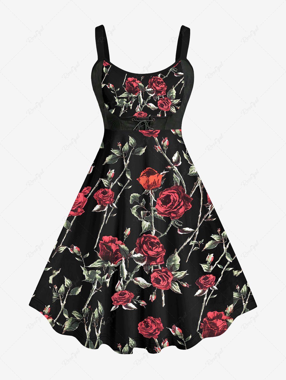 Sale Plus Size Valentine's Day Rose Flower Leaf Grommets Lace Up 3D Print Tank Dress  