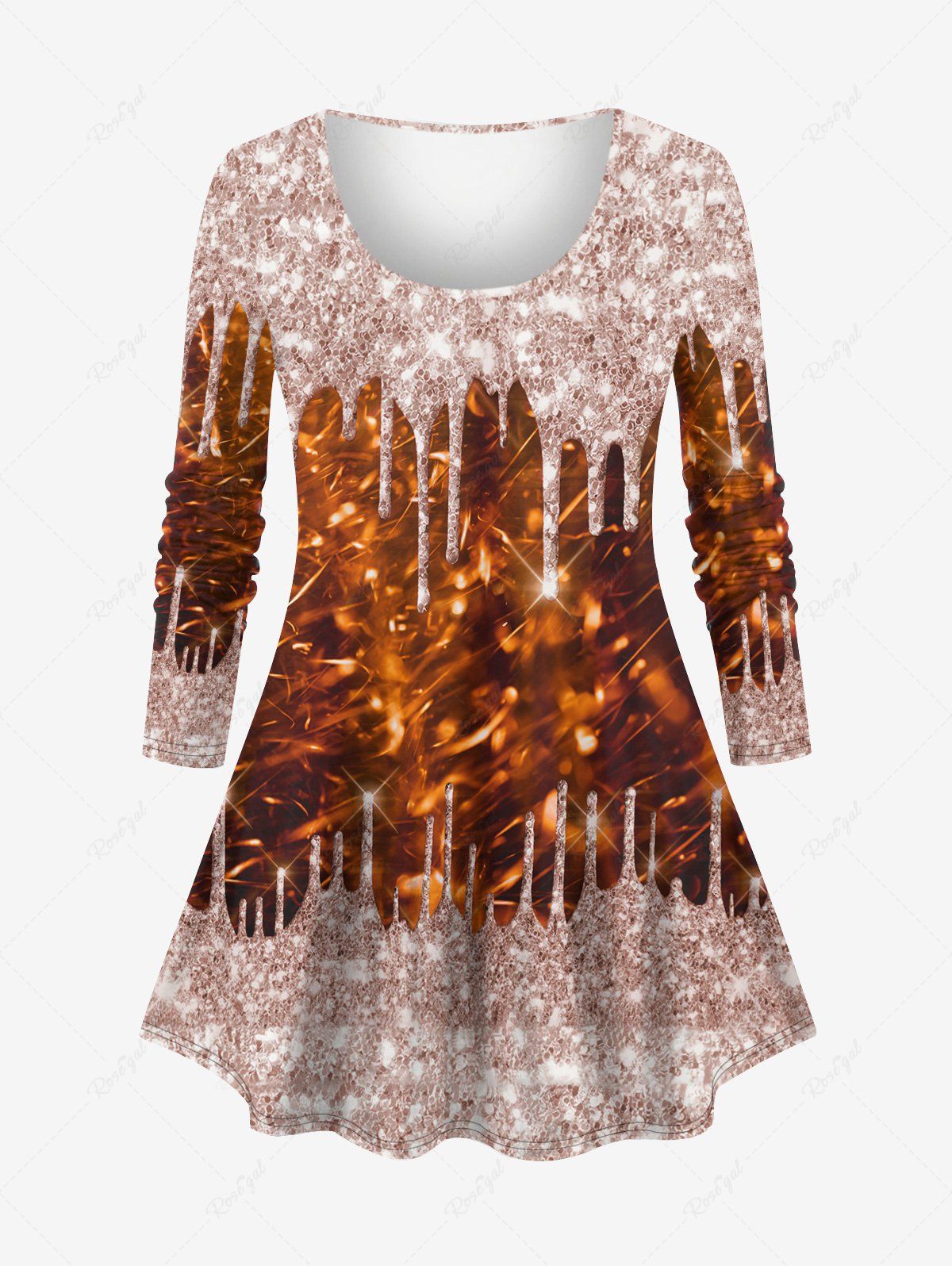 Unique Plus Size Paint Drop Fireworks Glitter Sparkling Sequin 3D Print Long Sleeve T-shirt  
