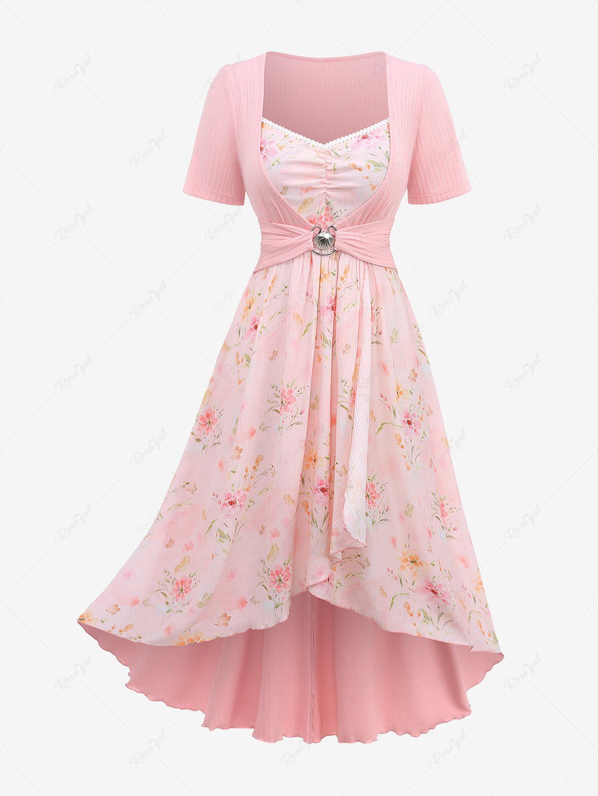 Shops Plus Size Flowers Print Lace Trim Ruched Tulip Hem Ruffles Shell Buckle Ribbed Textured Dress  