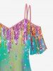 Ombre Colorblock Paint Drop Blobs Sparkling Sequin Glitter 3D Printed Cold Shoulder T-shirt and Flare Pants Plus Size Matching Set -  