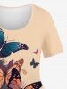 T-Shirt à Imprimé Plantes Papillons avec Blocs de Couleurs Grande-Taille - café lumière 6X