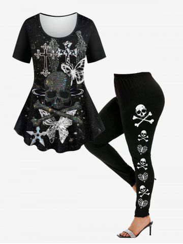Skull Cross Butterfly Wings Star Sparkling Sequin Glitter 3D Printed T-shirt and Halloween Gothic Skeleton Skull Print Leggings Plus Size Outfit - BLACK