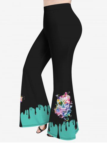 Plus Size Colorful Flower Heart Star Skull Paint Drop Print Pull On Flare Pants - BLACK - S
