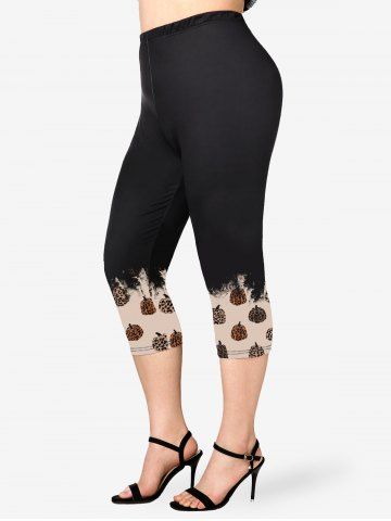 Plus Size Leopard Pumpkin Print Capri Leggings - LIGHT COFFEE - M