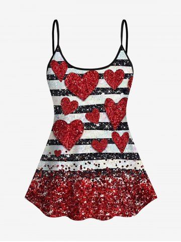 Valentine's Day Heart Stripes Colorblock Sparkling Sequin Glitter 3D Print Tankini Top - RED - S