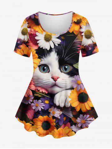 Plus Size Colorful Sunflowers Cat Print T-shirt