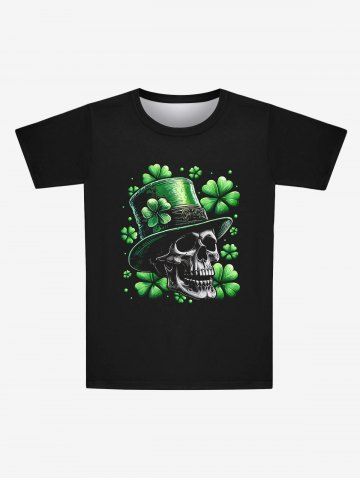 Gothic Lucky Four Leaf Clover Hat Skull Print Short Sleeves T-shirt For Men - BLACK - 8XL