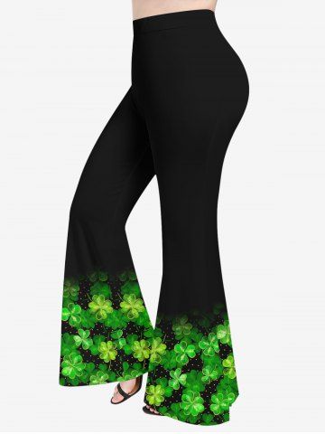 Plus Size St. Patrick's Day Colver Leaf Star Print Flare Pants - GREEN - L