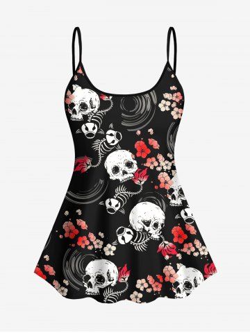 Fashion Skulls Skeleton Fish Ombre Floral Spiral Print Backless Cami Tankini Top(Adjustable Shoulder Strap) - BLACK - XS