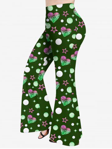 Plus Size Valentine's Day Heart Star Moon Colorblock Sparkling Sequin Glitter 3D Print Flare Pants - DEEP GREEN - 1X