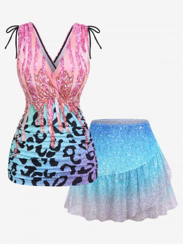 Plus Size Surplice Cinched Ruched Leopard Paint Drop Ombre Sparkling Sequin 3D Print Skirt 3 Pcs Tankini Swimsuit - MULTI-A - M | US 10