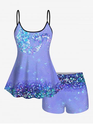 Glitter Sparkling Sequins Fish Scale Mermaid Ombre Water Droplet Print Backless Boyleg Tankini Swimsuit (Adjustable Shoulder Strap) - PURPLE - S