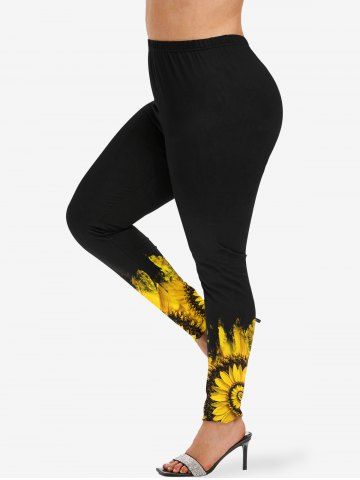 Plus Size Oil Painting Sunflowers Print Leggings - YELLOW - 1X