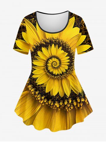Plus Size Sunflower Swirls Print T-shirt - YELLOW - L