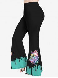 Plus Size Colorful Flower Heart Star Skull Paint Drop Print Pull On Flare Pants -  