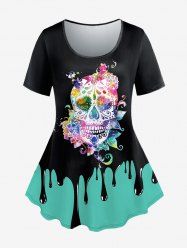 T-shirt Peinture Colorée Fleur Crâne et Etoile Imprimés de Grande Taille à Manches Courtes - Noir XS