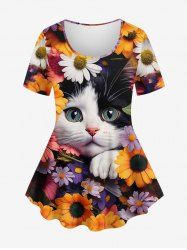 Plus Size Colorful Sunflowers Cat Print T-shirt -  
