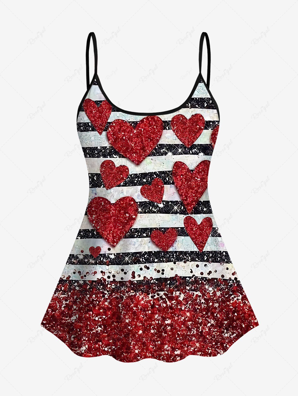New Valentine's Day Heart Stripes Colorblock Sparkling Sequin Glitter 3D Print Tankini Top  