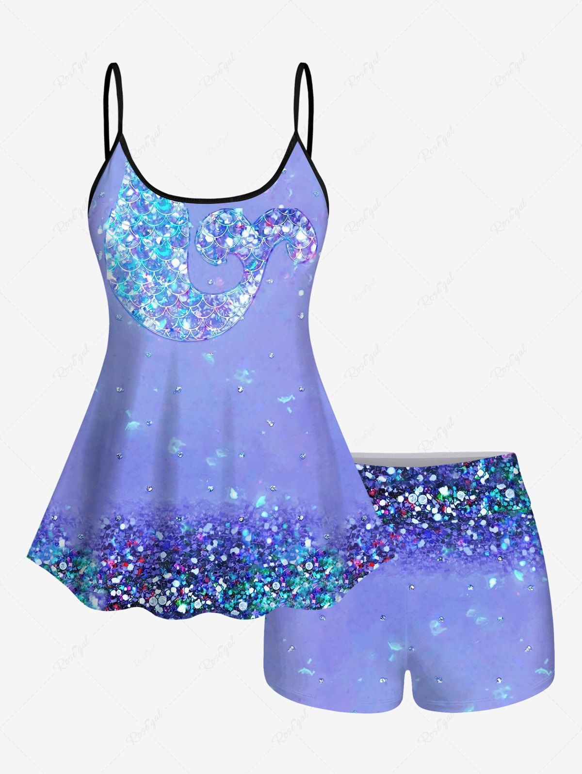 New Glitter Sparkling Sequins Fish Scale Mermaid Ombre Water Droplet Print Backless Boyleg Tankini Swimsuit (Adjustable Shoulder Strap)  
