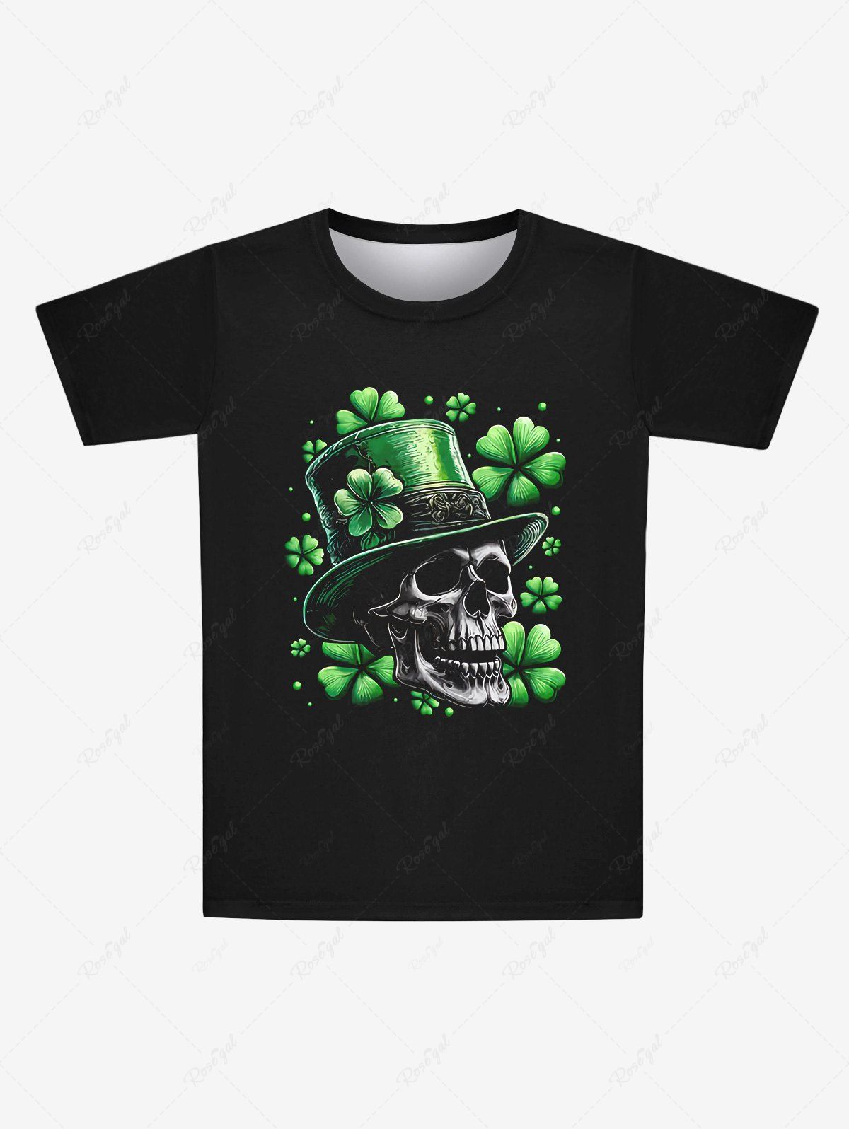 T-shirt Gothique Imprimé Crâne Trèfle avec Quatre Feuilles à Manches Courtes pour Homme Noir 7XL