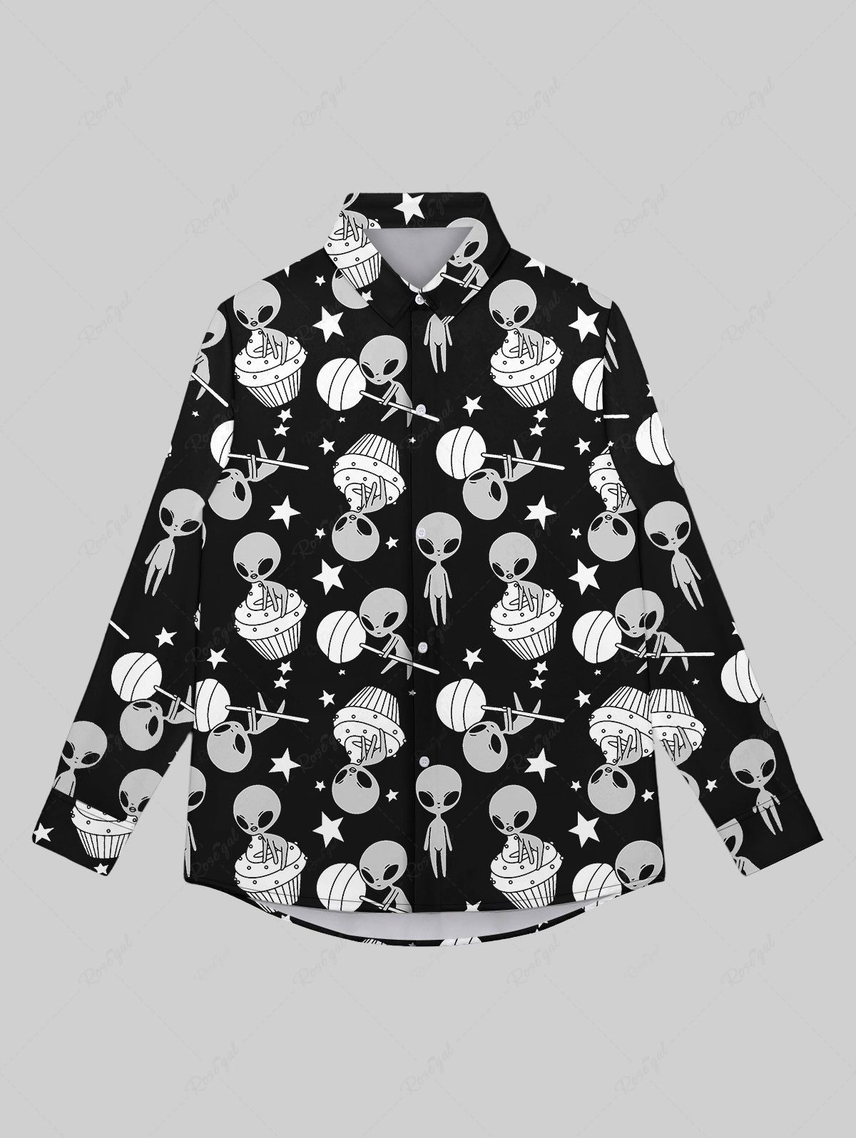 Online Gothic Turn-down Collar Skull Alien Candy Ice Cream Stars Print Buttons Shirt For Men  
