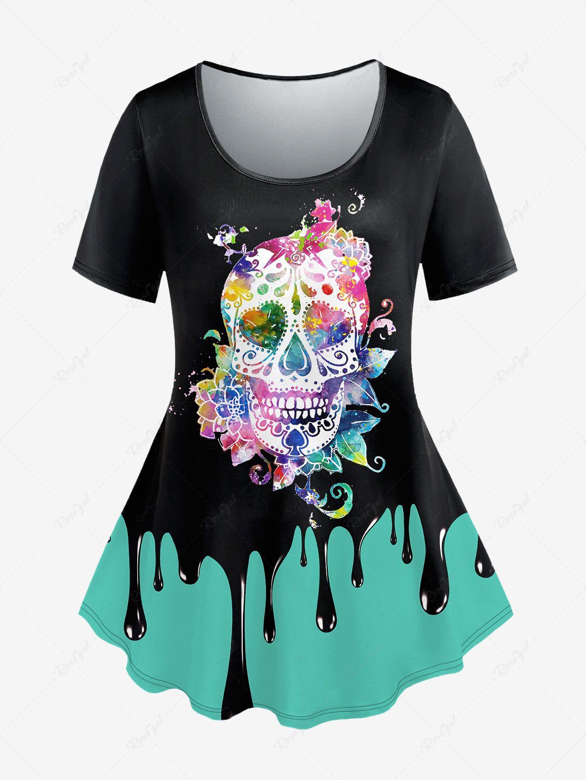 T-shirt Peinture Colorée Fleur Crâne et Etoile Imprimés de Grande Taille à Manches Courtes Noir 6X