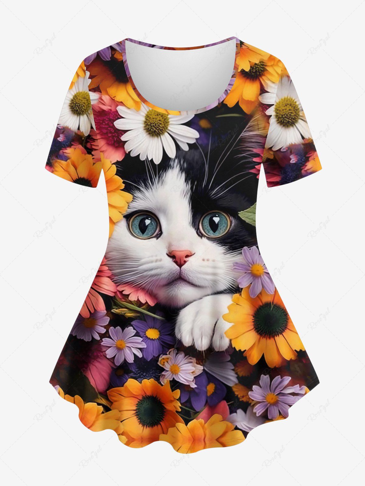 Store Plus Size Colorful Sunflowers Cat Print T-shirt  