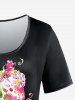 T-shirt Peinture Colorée Fleur Crâne et Etoile Imprimés de Grande Taille à Manches Courtes - Noir XS