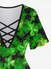 Plus Size St. Patrick's Day Clover Print Lattice Crisscross Flare Short Sleeve T-shirt -  