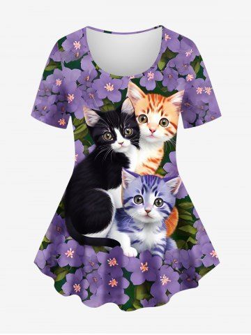 Plus Size Cute Cat Flower Leaf Colorblock Print Short Sleeves T-shirt - PURPLE - 1X