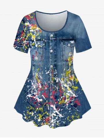 Plus Size Paint Splatter Pockets Buttons Denim 3D Print T-shirt - DEEP BLUE - XS