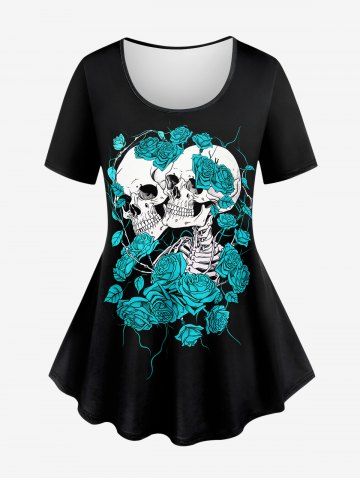 Plus Size Skeleton Lovers Rose Flower Heart Print Short Sleeves T-shirt - BLUE - XS