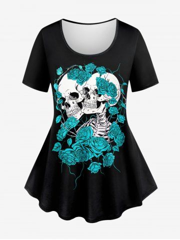 Plus Size Skeleton Lovers Rose Flower Heart Print Short Sleeves T-shirt - BLUE - 4X