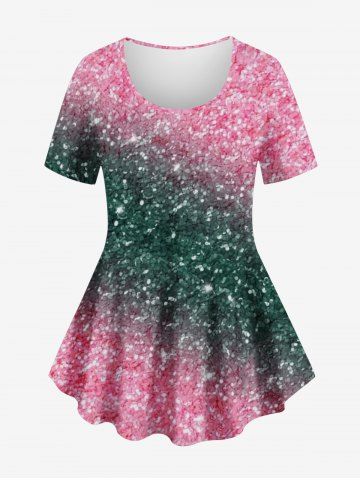 Plus Size Colorblock Sparkling Sequin Glitter 3D Print T-shirt