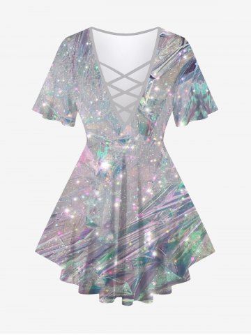 Plus Size Diamond Glitter Sparkling Sequin 3D Print Lattice Crisscross Flare Short Sleeve T-shirt - GRAY - S