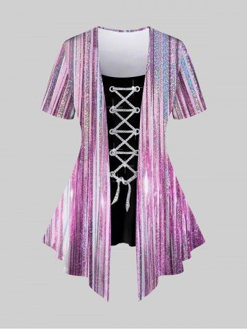 Plus Size Grommets Lace Up Sparkling Sequin Stripes Glitter 3D Print 2 In 1 T-shirt - LIGHT PINK - M
