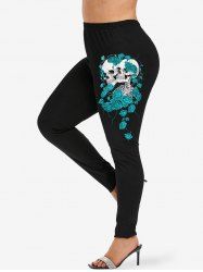 Legging Moulant Rose Cœur Squelette Imprimés de Grande Taille - Bleu 6X