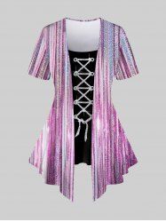 Plus Size Grommets Lace Up Sparkling Sequin Stripes Glitter 3D Print 2 In 1 T-shirt -  