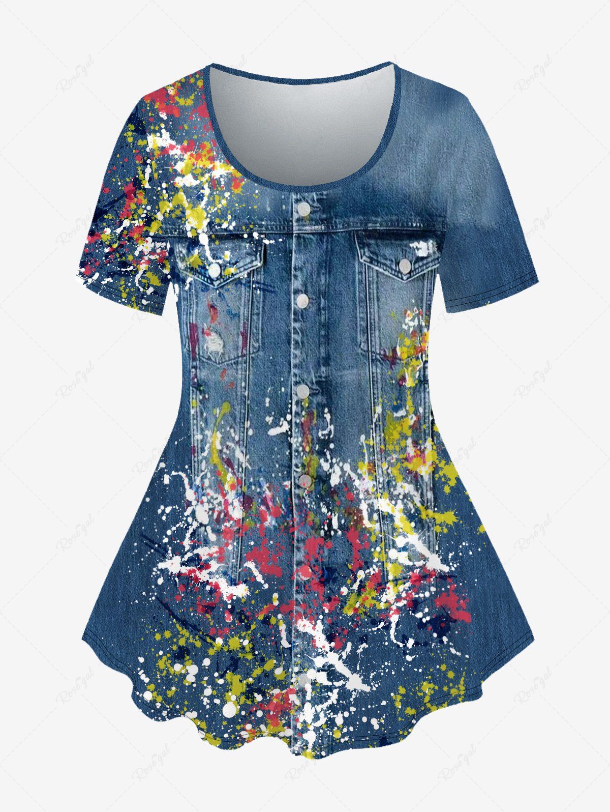 T-shirt 3D Peinture Eclaboussée Imprimée avec Poches en Denim de Grande Taille Bleu profond 2X
