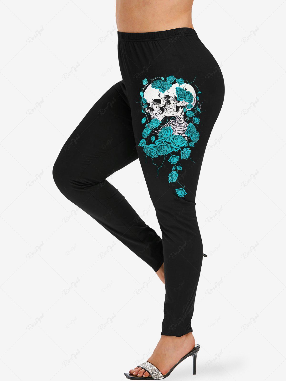 Legging Moulant Rose Cœur Squelette Imprimés de Grande Taille Bleu 6X