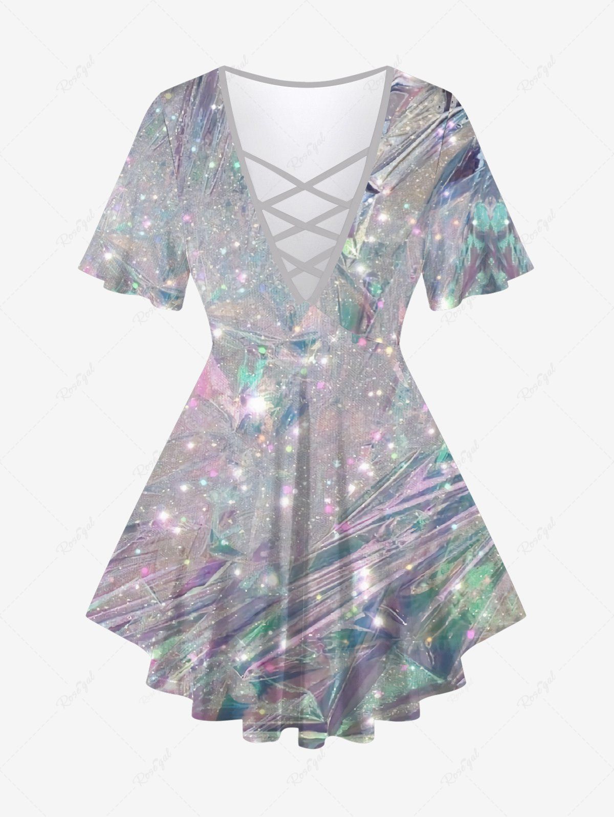 Unique Plus Size Diamond Glitter Sparkling Sequin 3D Print Lattice Crisscross Flare Short Sleeve T-shirt  