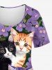 Plus Size Cute Cat Flower Leaf Colorblock Print Short Sleeves T-shirt -  