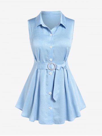 Plus Size Sleeveless Belt Textured Shirt - LIGHT BLUE - M | US 10