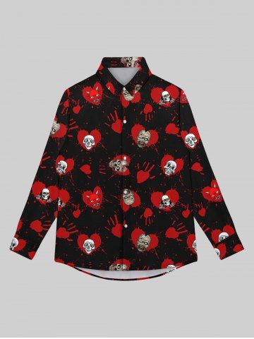 Gothic Turn-down Collar Bloody Heart Palm Skulls Print Valentines Buttons Shirt For Men - BLACK - XL