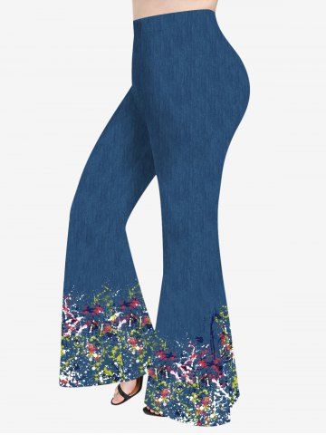 Pantalon Evasé 3D Peinture Eclaboussée Imprimée en Denim de Grande Taille - BLUE - L