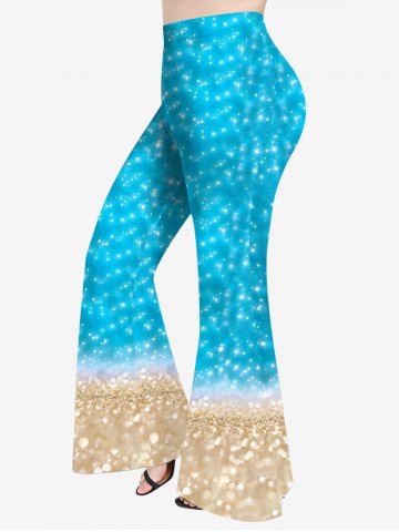 Plus Size Sea Beach Glitter Sparkling Sequin 3D Print Flare Pants - BLUE - XS