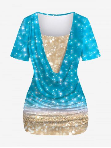 Plus Size Ocean Beach Colorblock Glitter Sparkling Sequin 3D Print Ruched 2 In 1 T-shirt - BLUE - XS
