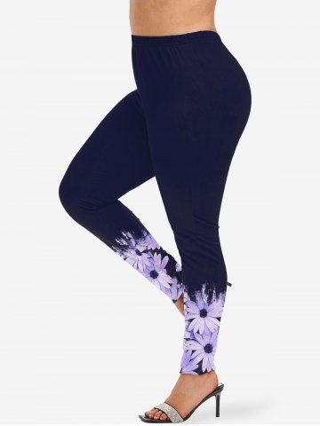 Plus Size Sunflowers Print Leggings - PURPLE - 1X